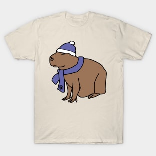 Winter Capybara Wearing Blue Hat and Scarf T-Shirt